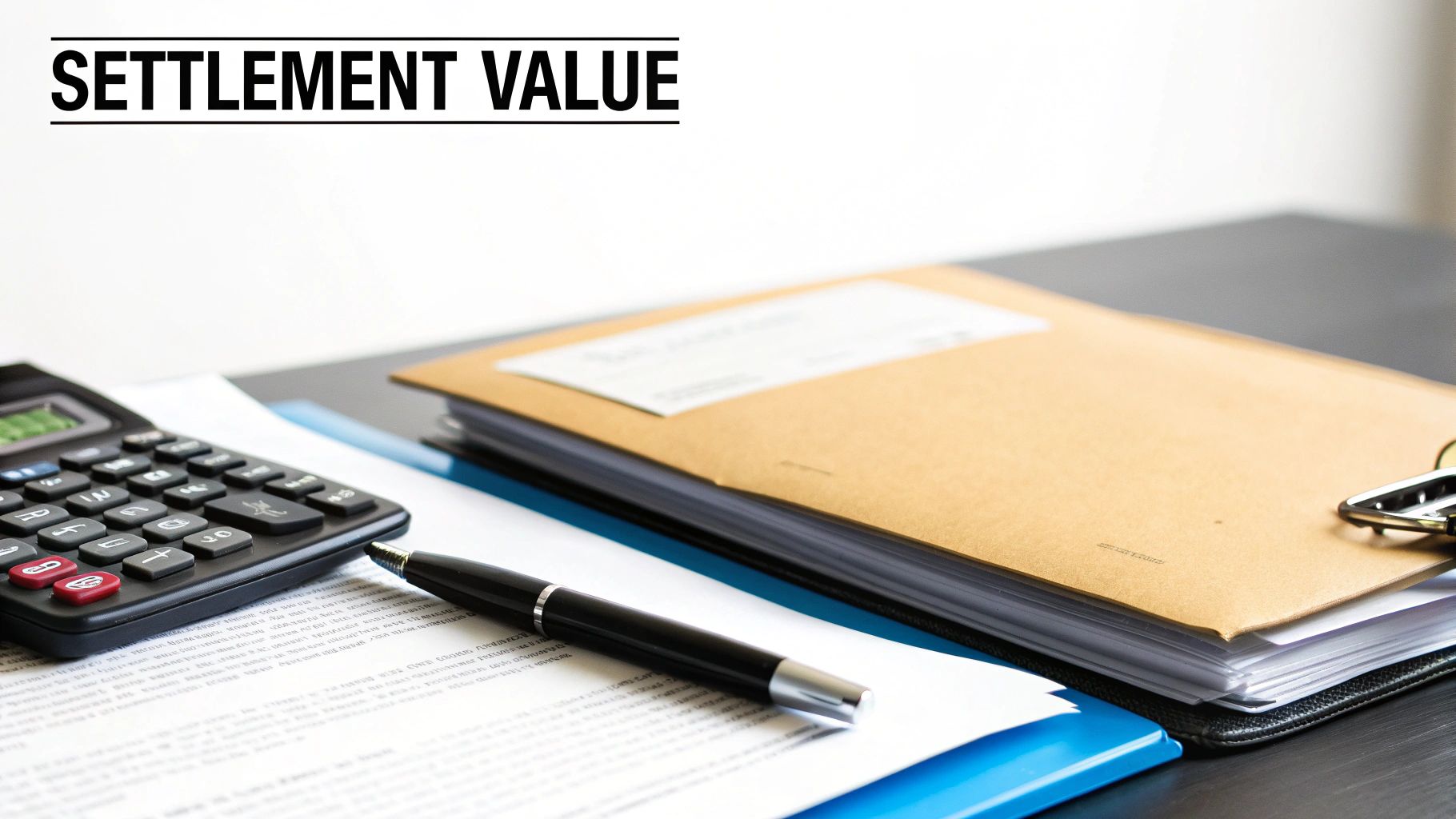 A desk with a calculator, pen, and documents, featuring the text 'SETTLEMENT VALUE'.