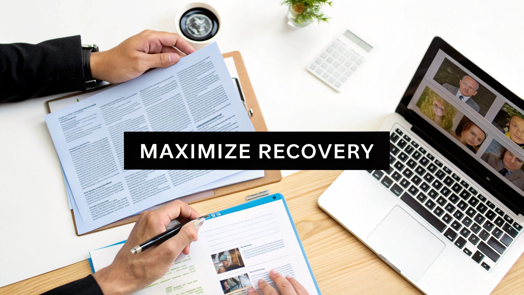 A top-down view of two people working with documents and a laptop showing a video call, with "MAXIMIZE RECOVERY" text overlay.