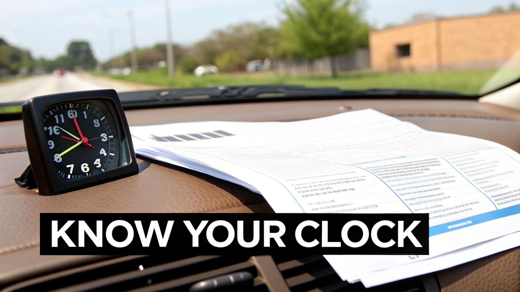A car driving on a California road with a clock overlay, symbolizing a legal deadline.