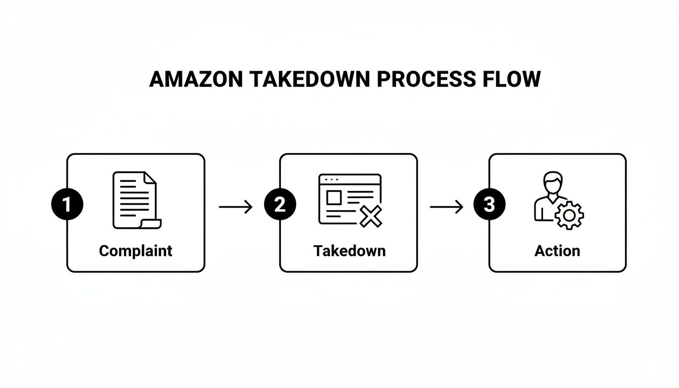 A flowchart showing the Amazon Takedown Process: 1. Complaint, 2. Takedown, 3. Action.
