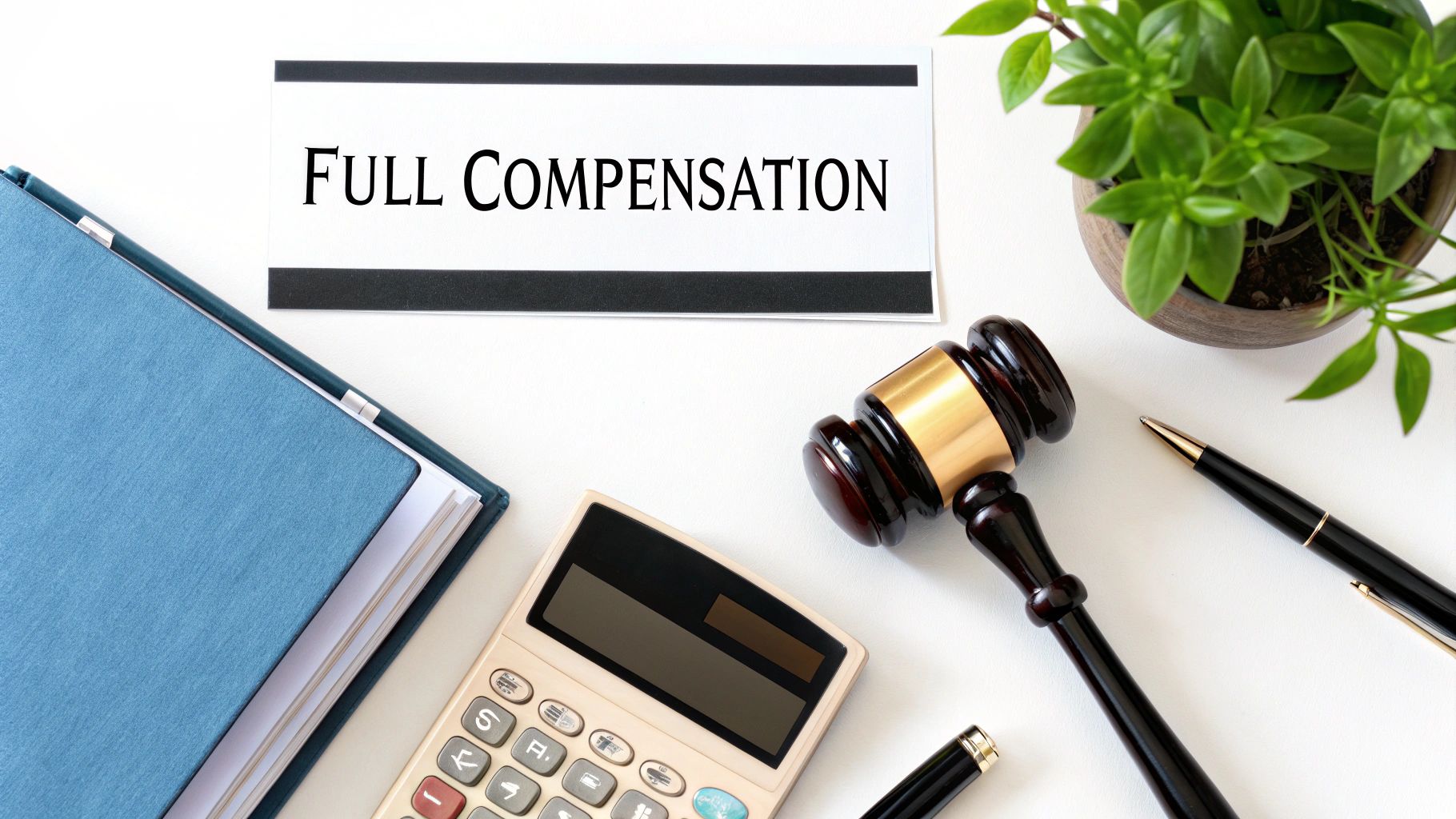 A flat lay of a white desk with a card reading 'FULL COMPENSATION', a gavel, calculator, pen, and green plant.