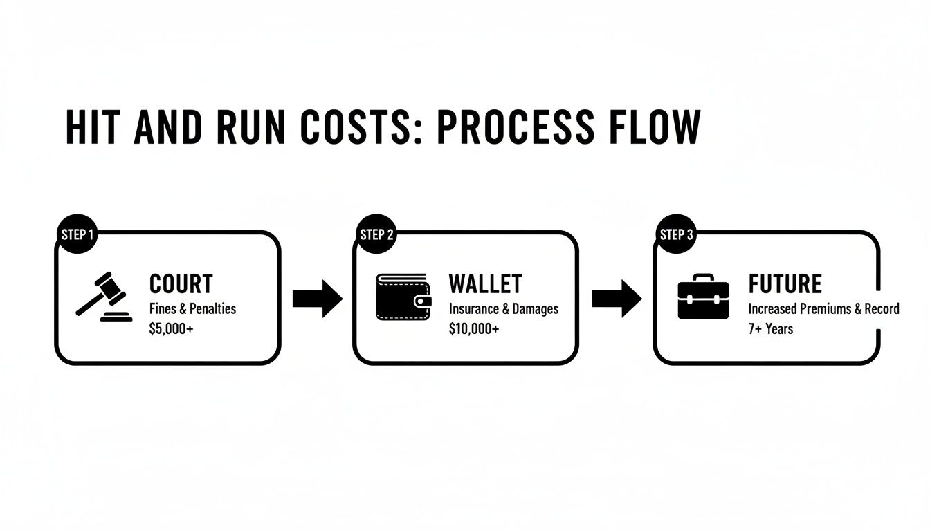 A flow chart illustrating the three-step costs of a hit and run: court, wallet, and future.