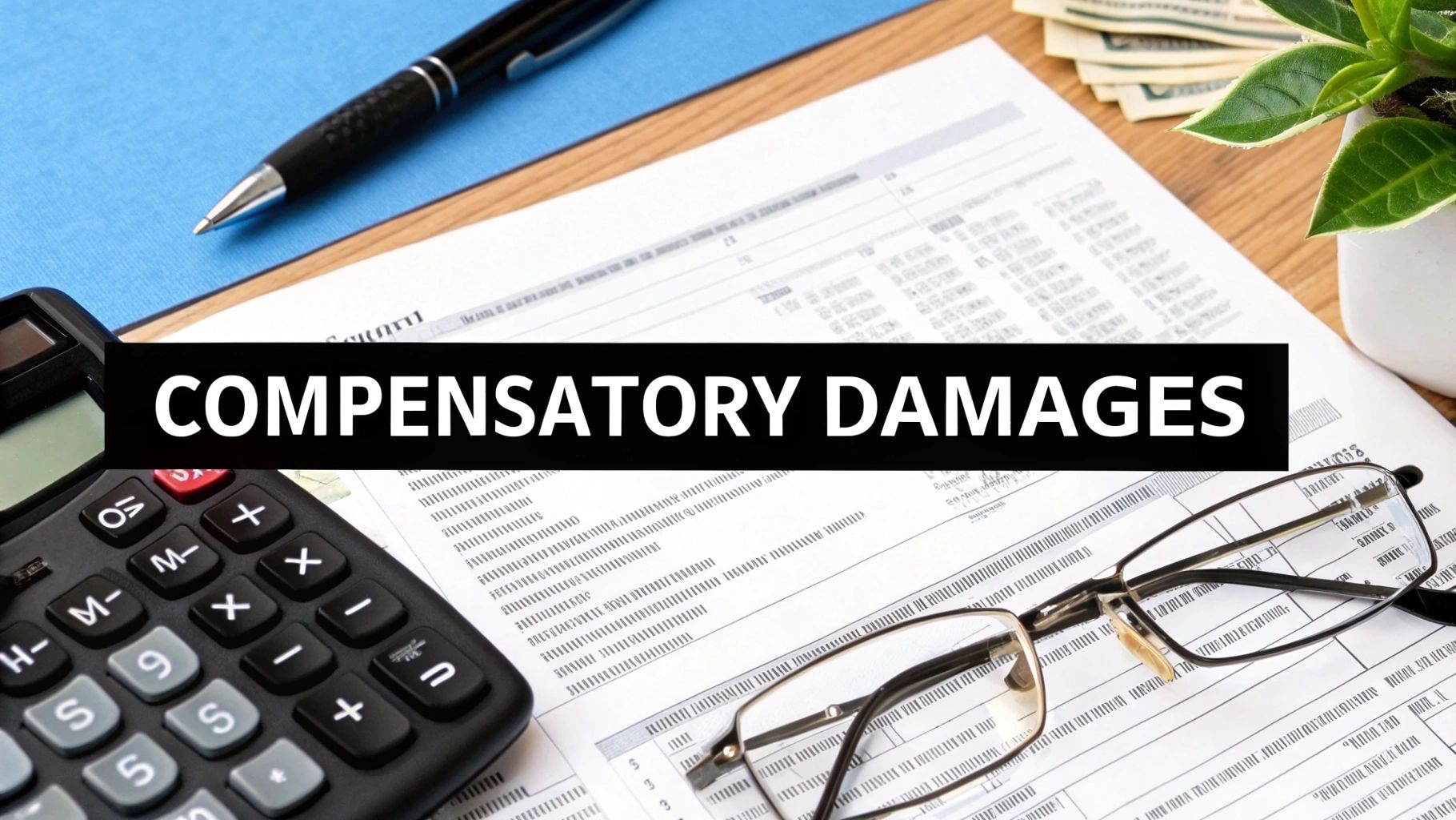 A calculator and medical bills on a desk representing the calculation of damages.