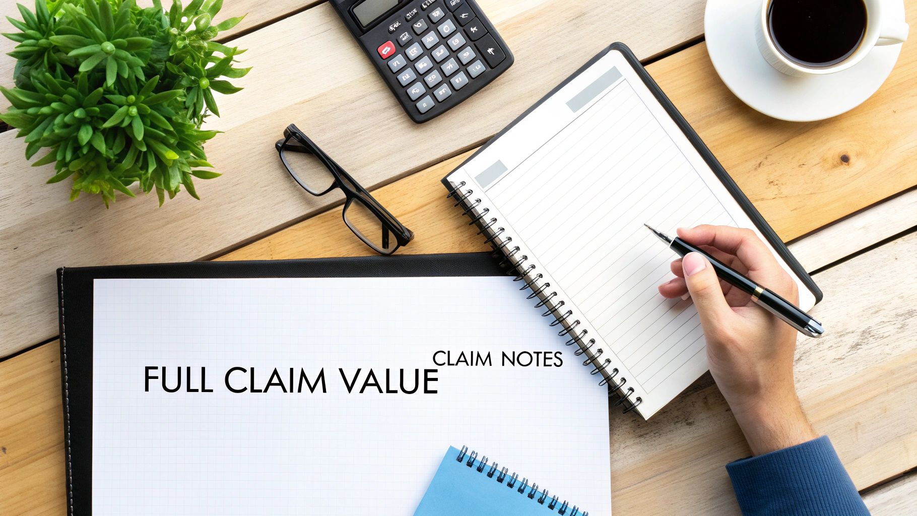 Desk flat lay: hand writing notes for 'FULL CLAIM VALUE' and 'CLAIM NOTES' document, with calculator and coffee.