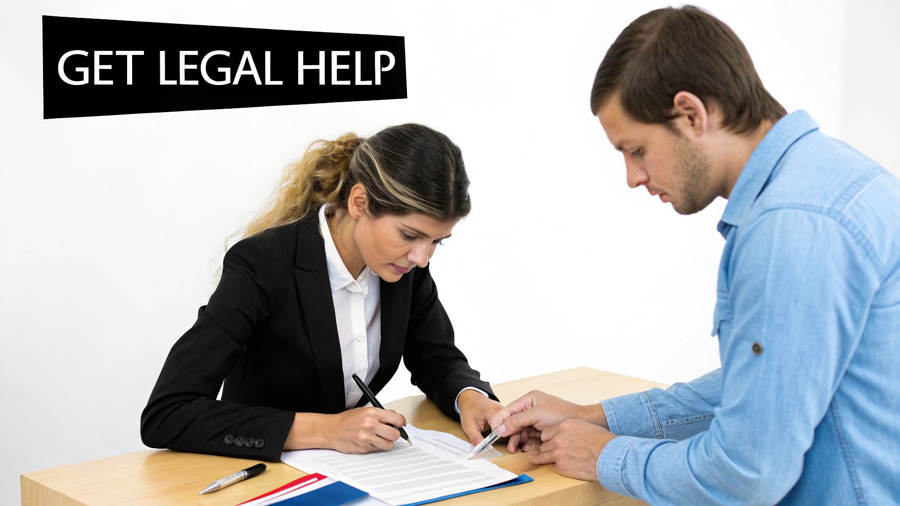 A lawyer assists a client in signing legal documents at a table, with a 'GET LEGAL HELP' banner.