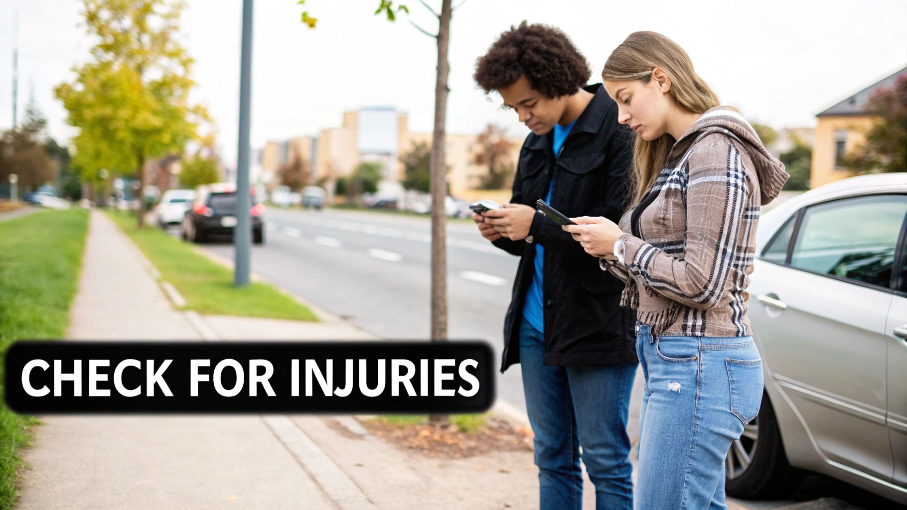 Two people standing by a parked car, distracted by their phones, with a 'CHECK FOR INJURIES' overlay.