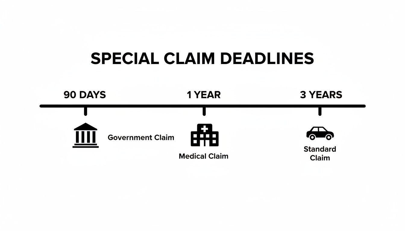 Timeline showing special claim deadlines: 90 days for government, 1 year for medical, and 3 years for standard claims.