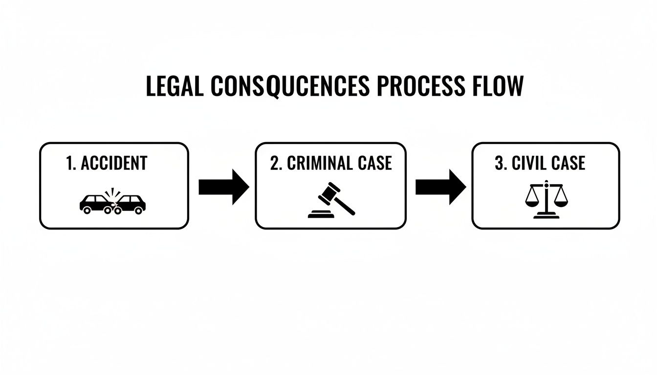 A flowchart illustrates the legal consequences process from an accident to criminal and civil cases.