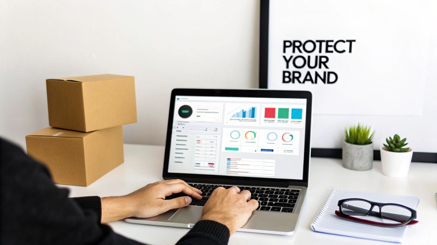 Hands typing on a laptop showing business analytics, next to shipping boxes and a brand protection sign.
