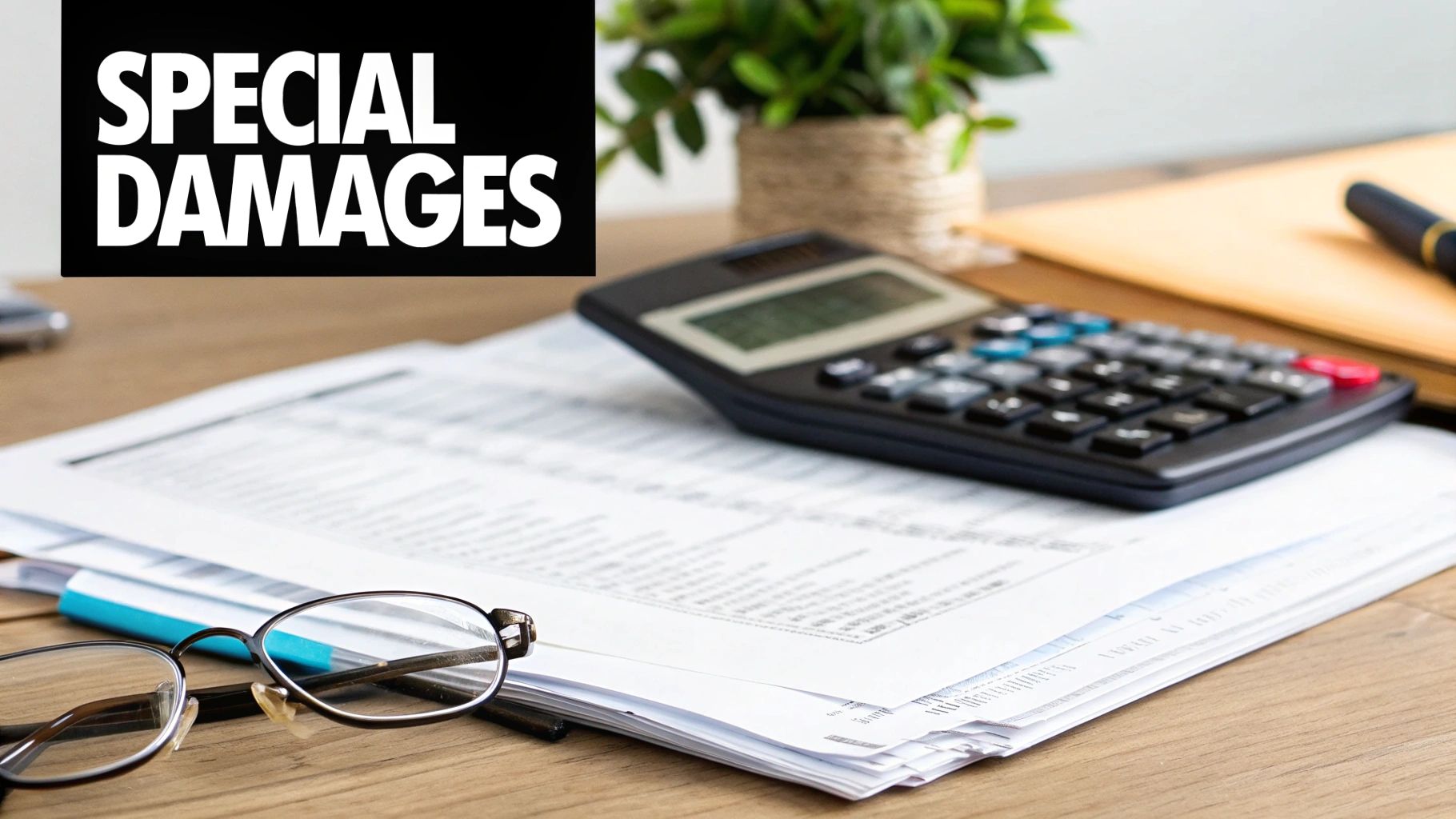 A calculator and receipts on a desk, representing the calculation of financial losses.