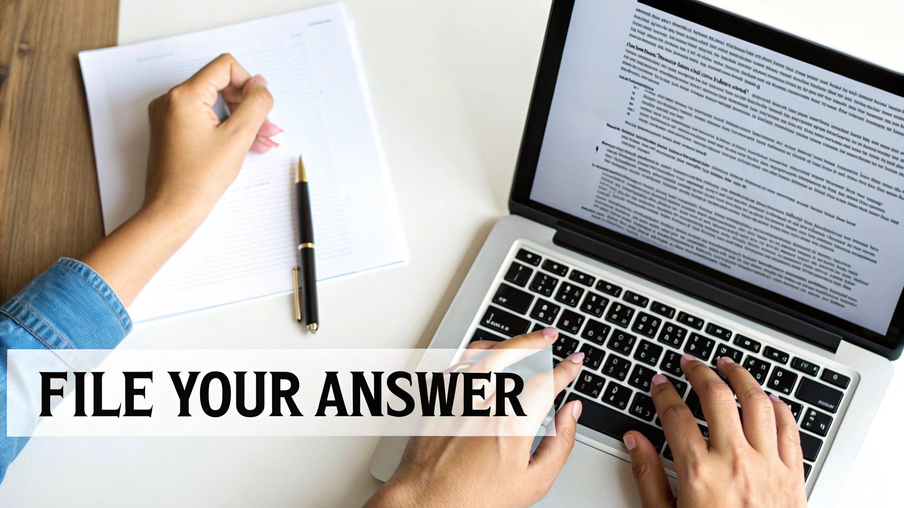 Hands typing on a laptop and writing on paper, illustrating the process of legal filing.