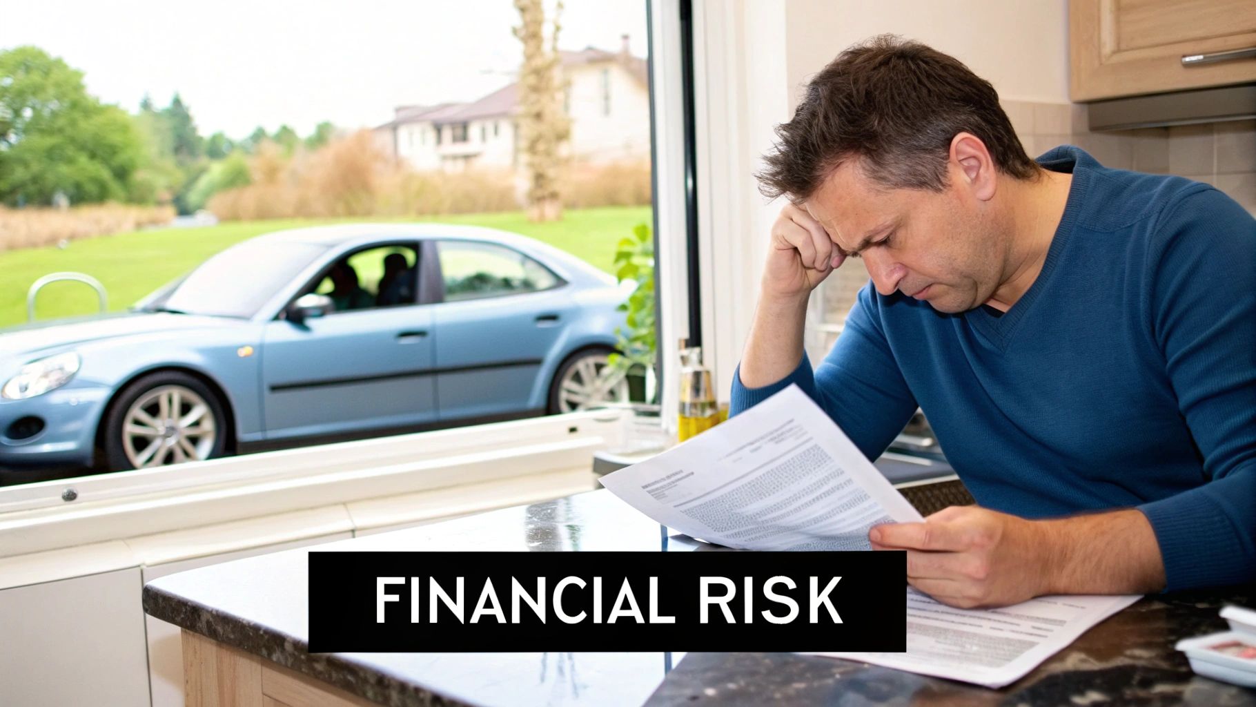 Man reviewing financial documents showing stress about insurance requirements and bills at home