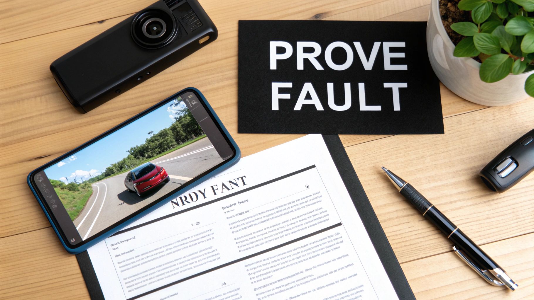 Flat lay of a desk with a phone displaying car dashcam footage and a 'PROVE FAULT' sign.