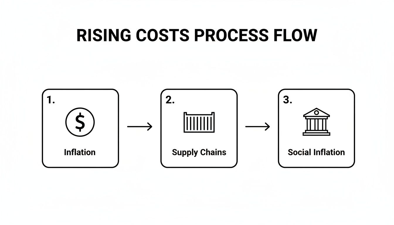 A diagram illustrates the rising costs process flow, showing inflation leading to supply chain issues and then social inflation.