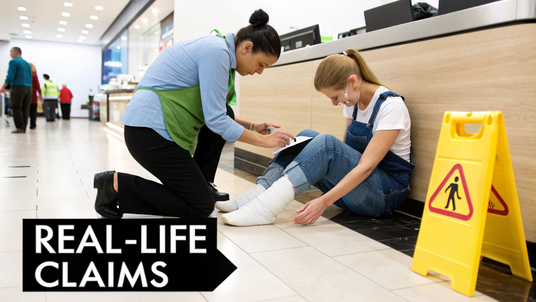 A store employee assists an injured customer sitting on the floor after a slip, near a caution sign.