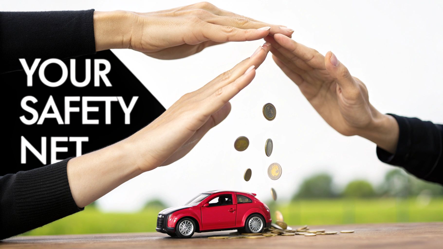 Hands form a protective barrier over a red toy car, with coins falling around it, symbolizing a safety net.