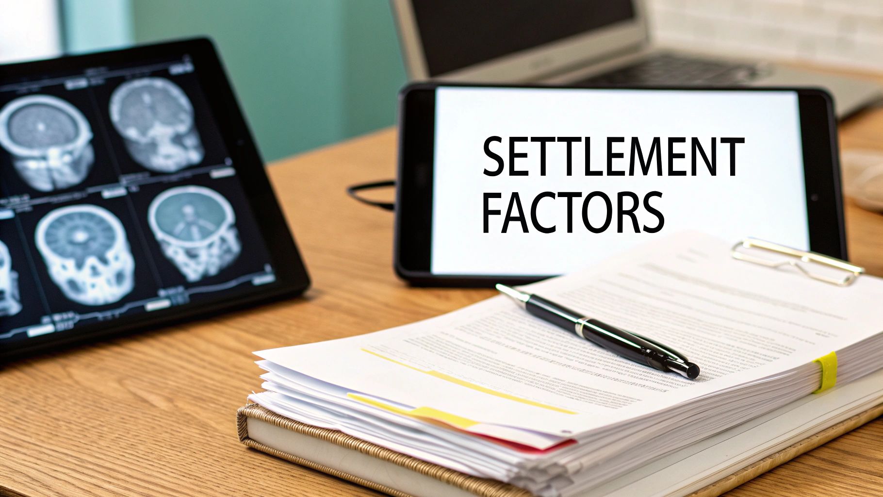 Tablets displaying settlement factors and medical scans, with legal documents and a pen on a desk.