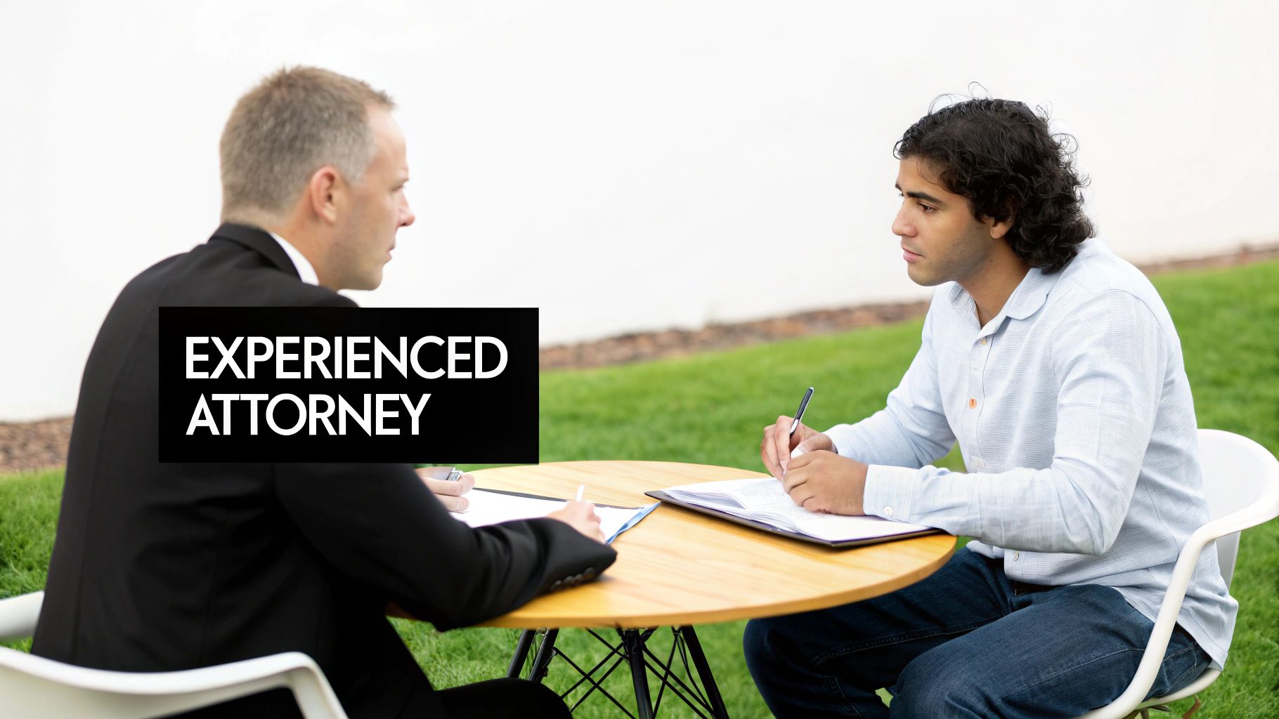 An experienced attorney in a suit meets a client outdoors, both writing at a table.