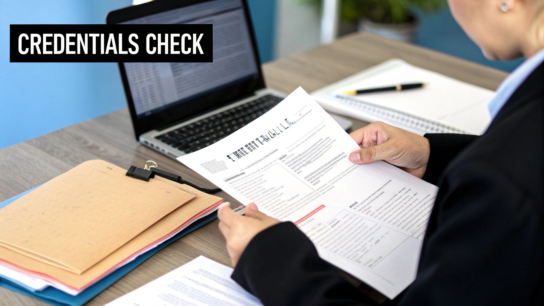 A legal professional reviewing a document with a magnifying glass, symbolizing a thorough check of credentials.