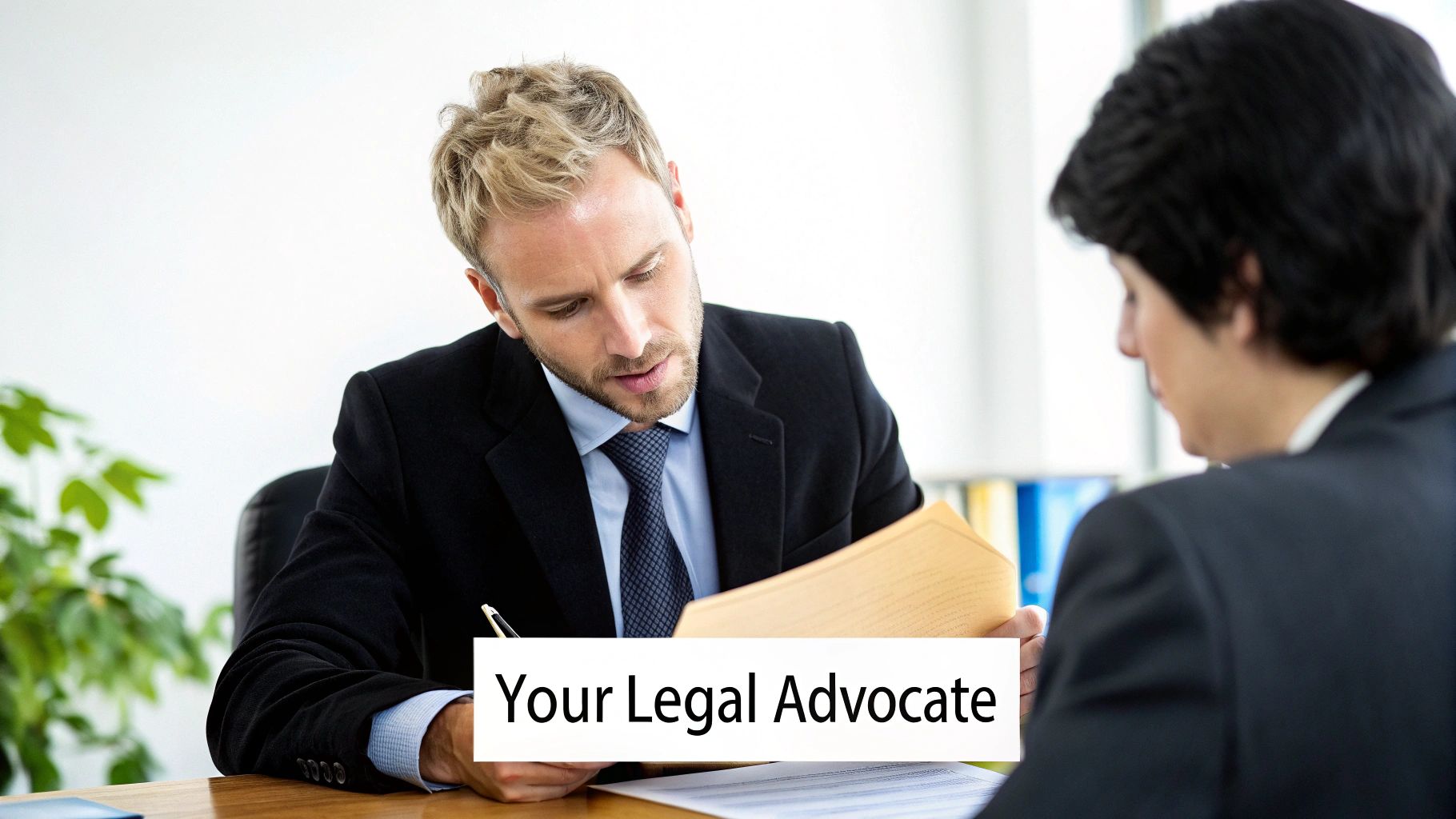 A lawyer reviewing legal documents and offering guidance.
