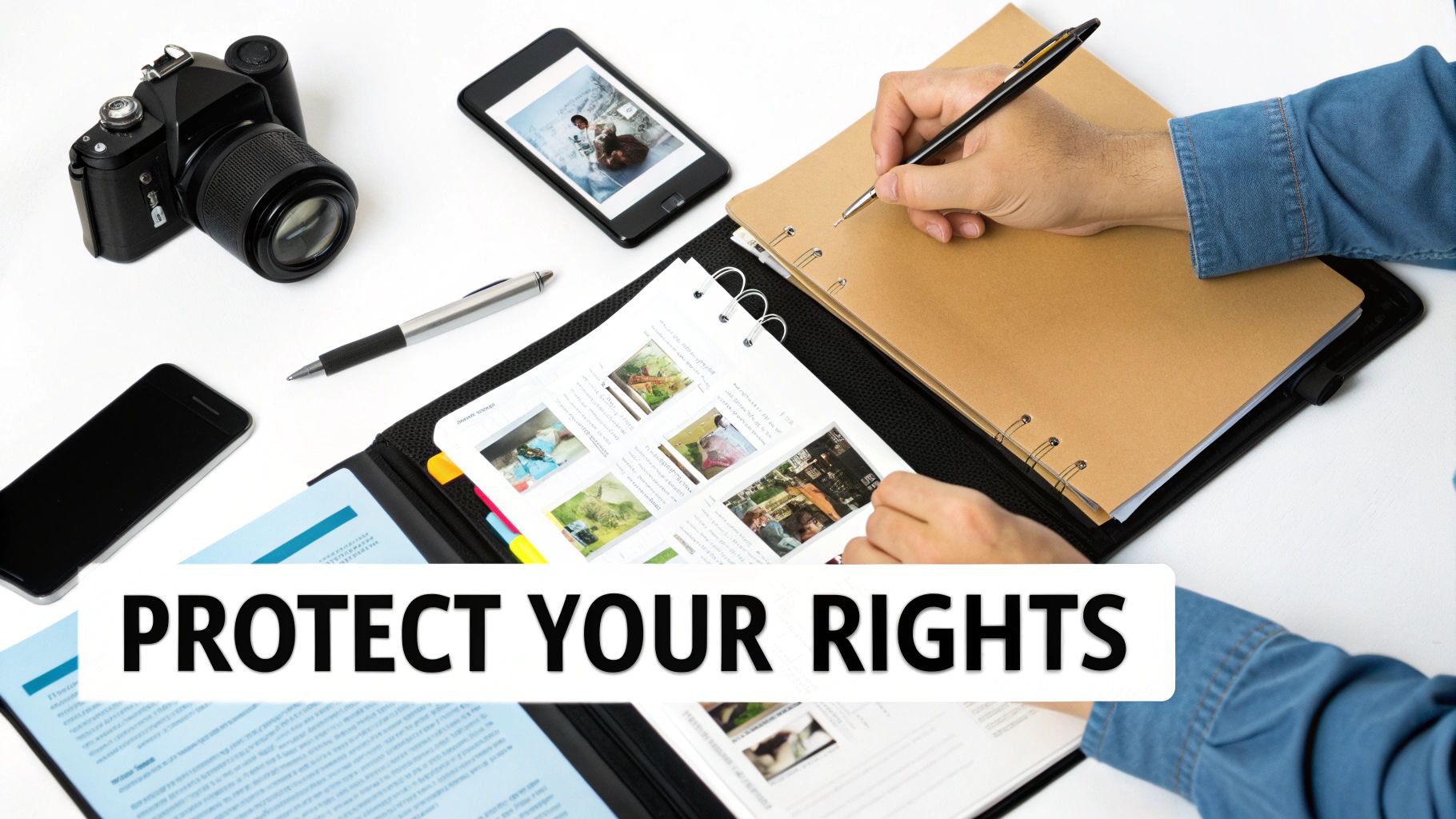A person carefully organizing documents and photos into a file folder.