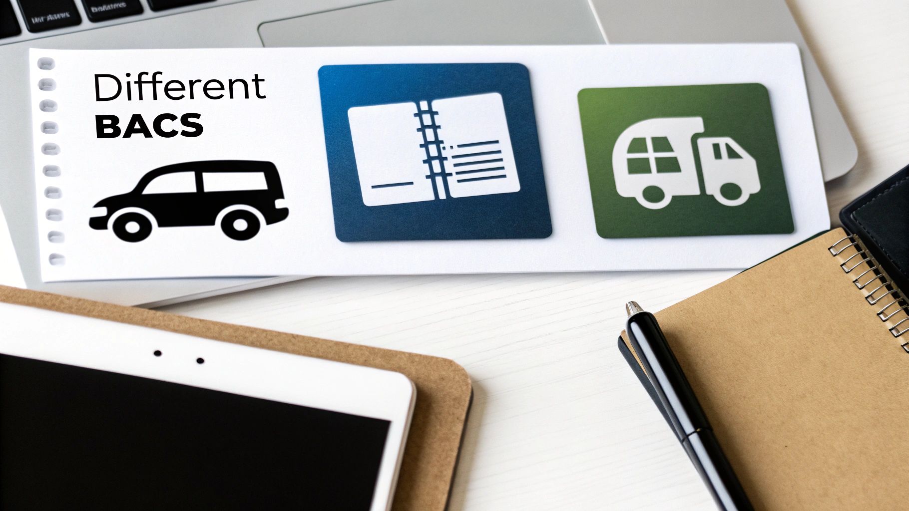 A white paper on a laptop shows 'Different BACS' text with car, notebook, and camper van icons.