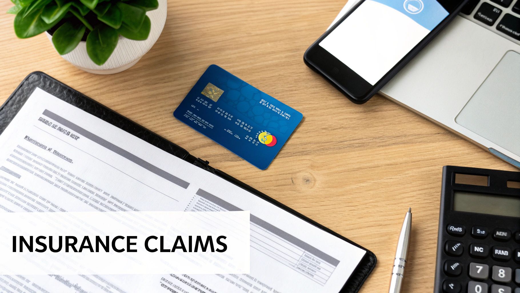 A flat lay of a desk with 'INSURANCE CLAIMS' document, a credit card, smartphone, laptop, and calculator.