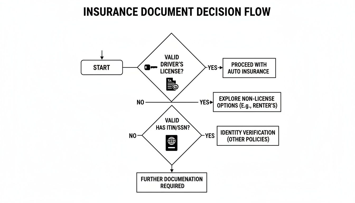 Flowchart illustrating insurance document decisions based on driver's license and ITIN/SSN status.