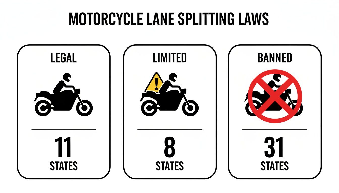 Infographic showing motorcycle lane splitting laws by state: 11 legal, 8 limited, 31 banned.