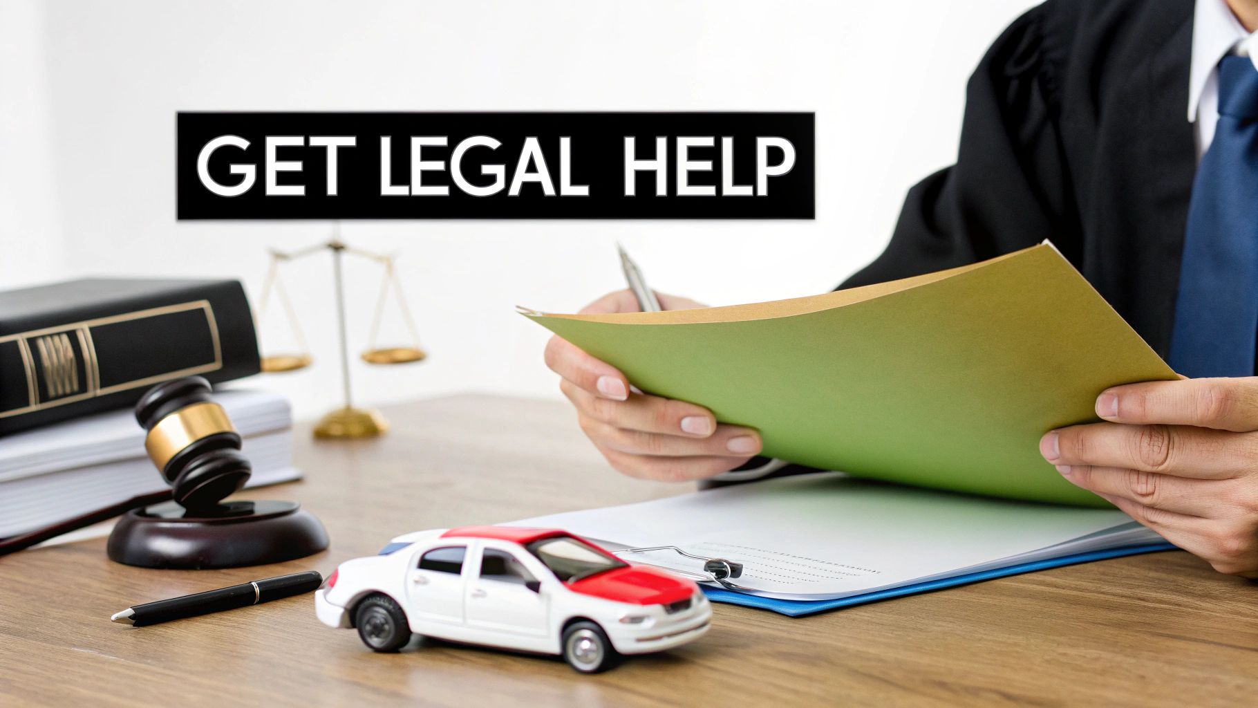 Lawyer reviewing legal documents, with a toy car, gavel, scales, and 'GET LEGAL HELP' sign on desk.