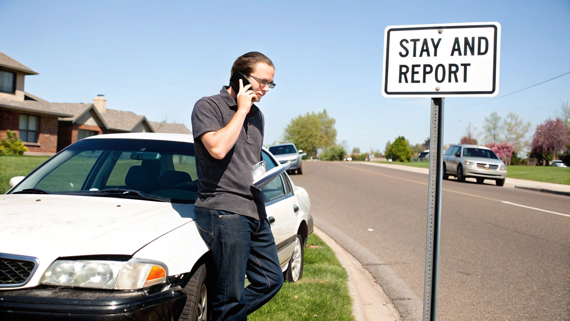 A man on the phone next to a damaged white car with a 'STAY AND REPORT' sign roadside.