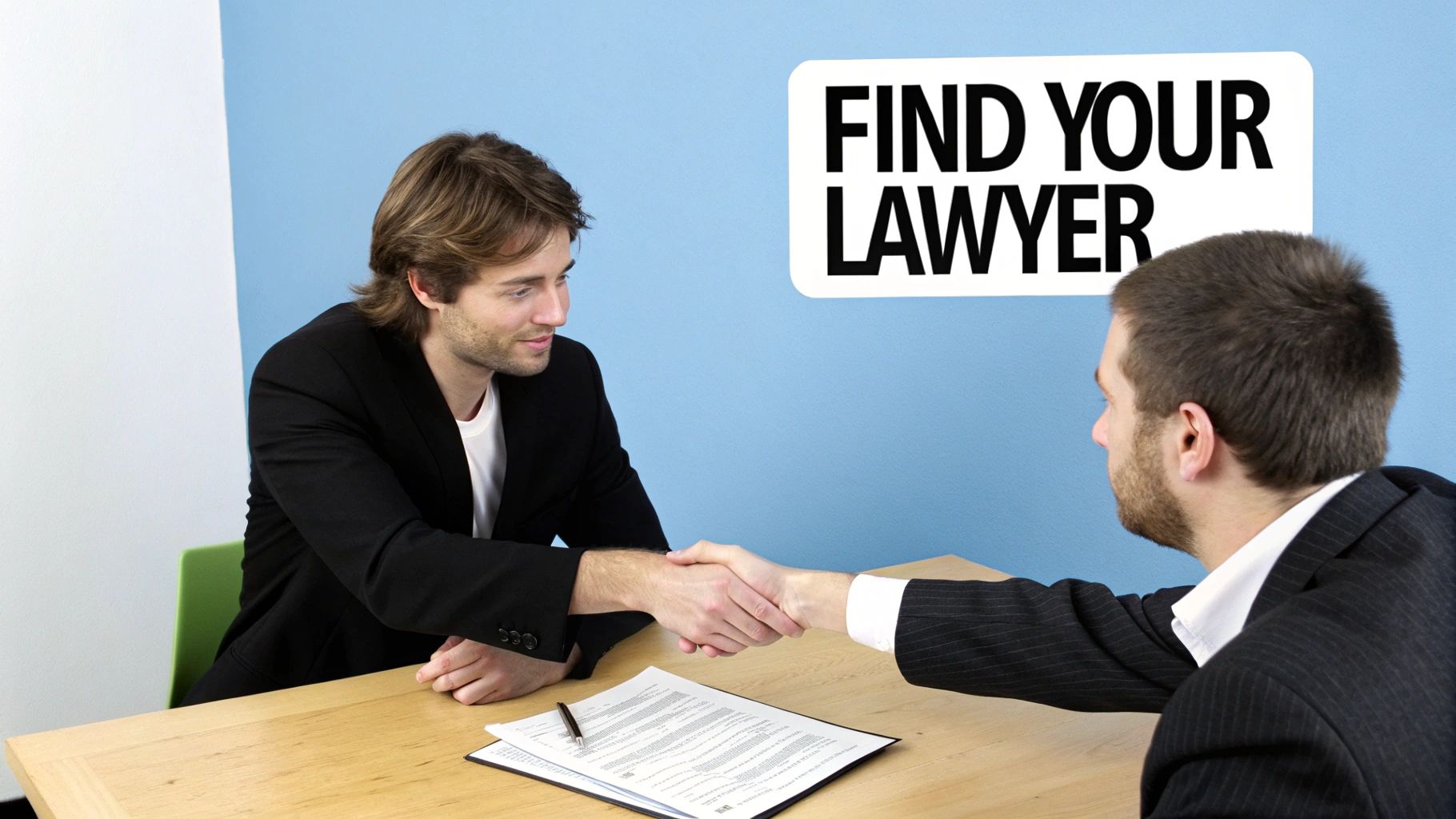 Two professional men in suits shaking hands across a wooden table with a legal document, under a 'Find Your Lawyer' sign.