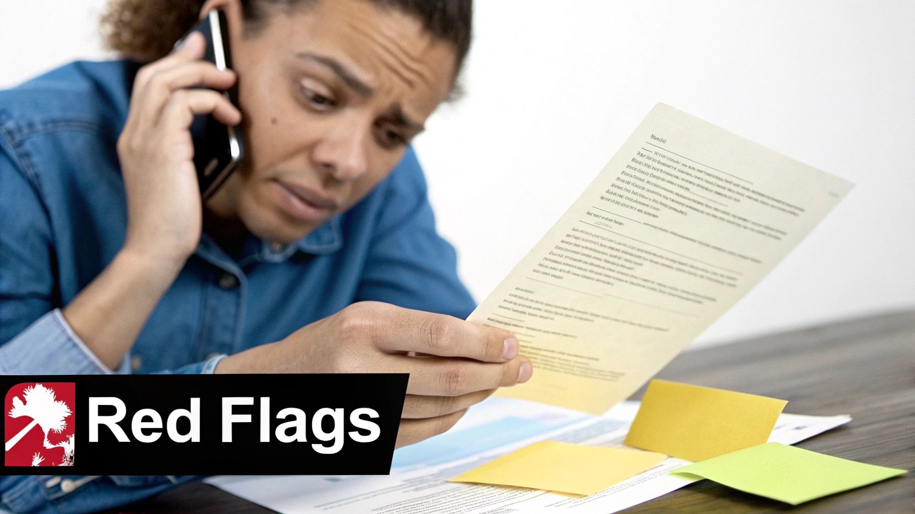 A confused man talks on the phone while reading a document, with 'Red Flags' highlighted.