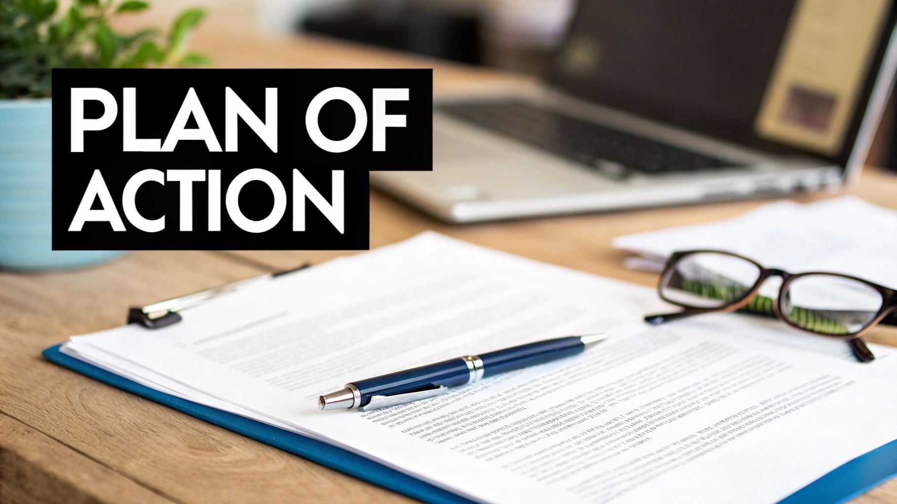 Plan of action document with pen and glasses on wooden desk with laptop