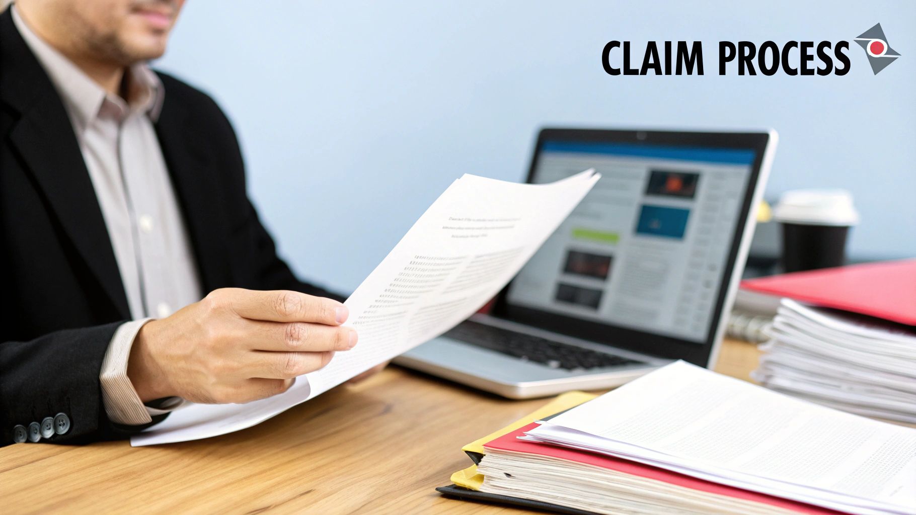 A person carefully filling out an insurance claim form on a wooden desk.