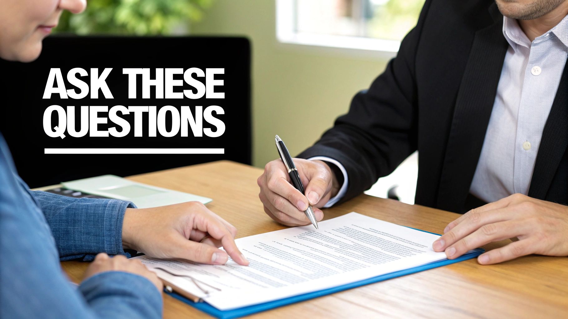 A personal injury lawyer reviewing a document with a client in a well-lit office.