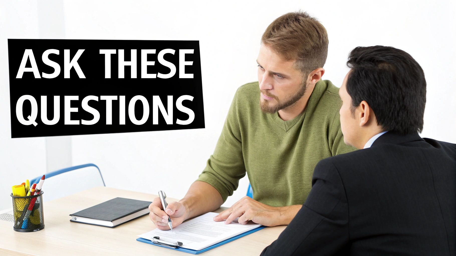 A person pointing at a legal document while sitting with an attorney.