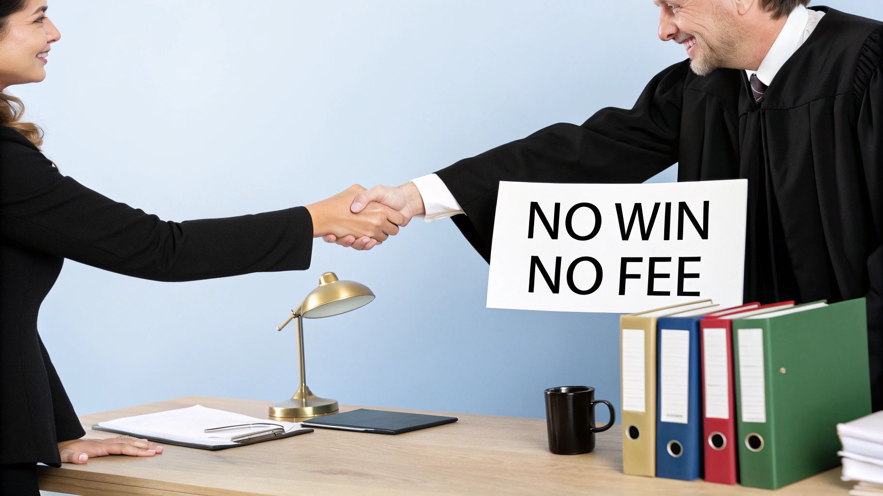 A lawyer and client shaking hands over a desk, symbolizing a partnership agreement.