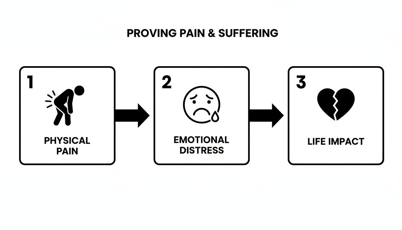 Diagram showing three steps to proving pain and suffering: physical pain, emotional distress, and life impact.