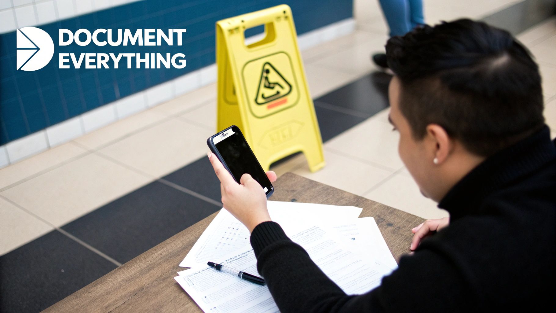 A person studying at a table with papers, a pen, and a smartphone, near a wet floor sign.