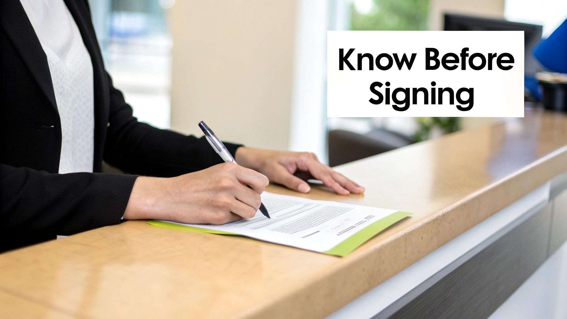 Professional in a blazer signing a document at a counter, text says 'Know Before Signing'.