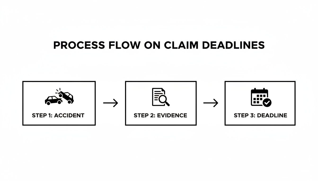 A process flow diagram illustrating three steps for claim deadlines: accident, evidence, and deadline.