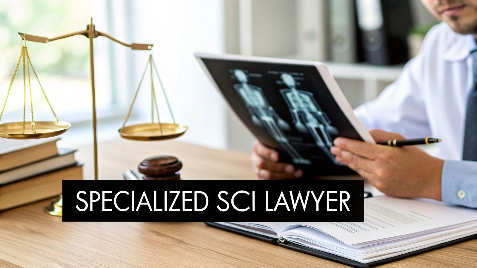A specialized SCI lawyer reviews X-ray films with scales of justice and law books on a desk.