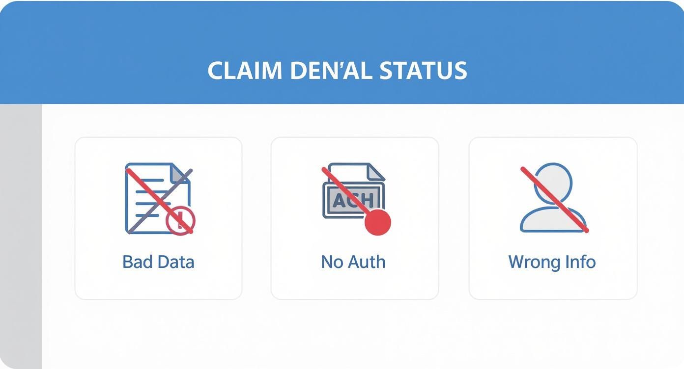 Infographic showing common reasons for claim denials including bad data, no authorization, and wrong information.