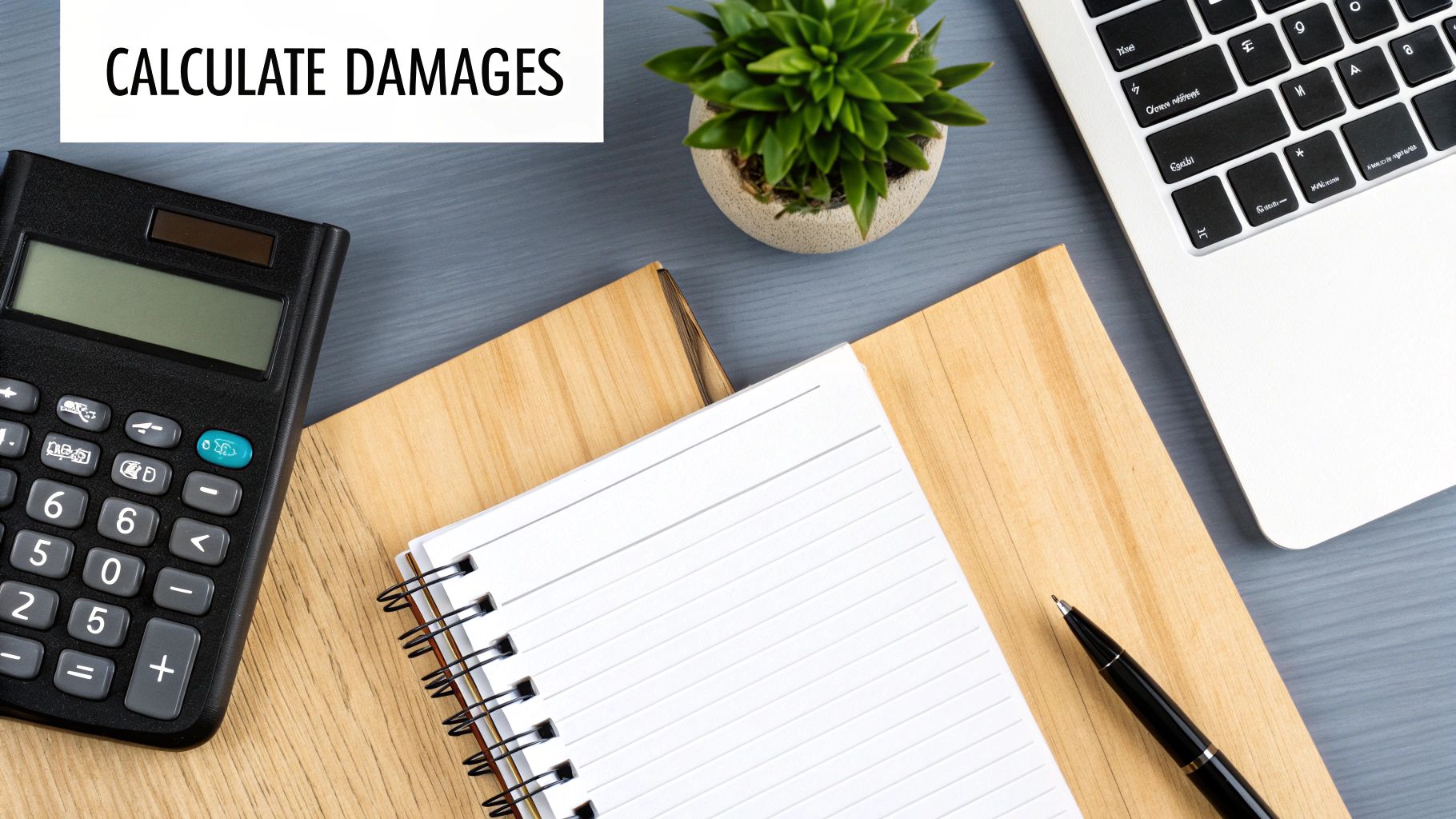 A calculator, notebook, pen, and laptop on a desk with text 'CALCULATE DAMAGES'.