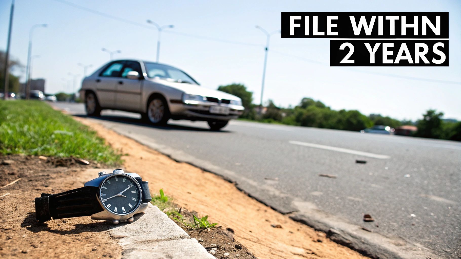 A wristwatch on a roadside curb next to a blurry road and car, with 'FILE WITHIN 2 YEARS' text overlay.