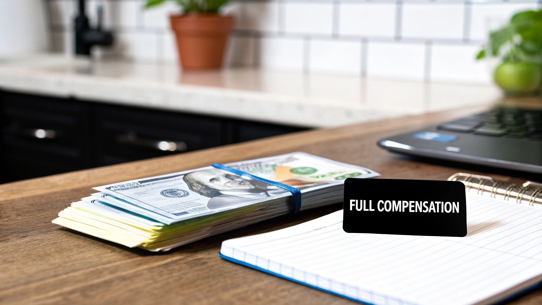 A stack of US dollar bills and a 'FULL COMPENSATION' card on a wooden desk.