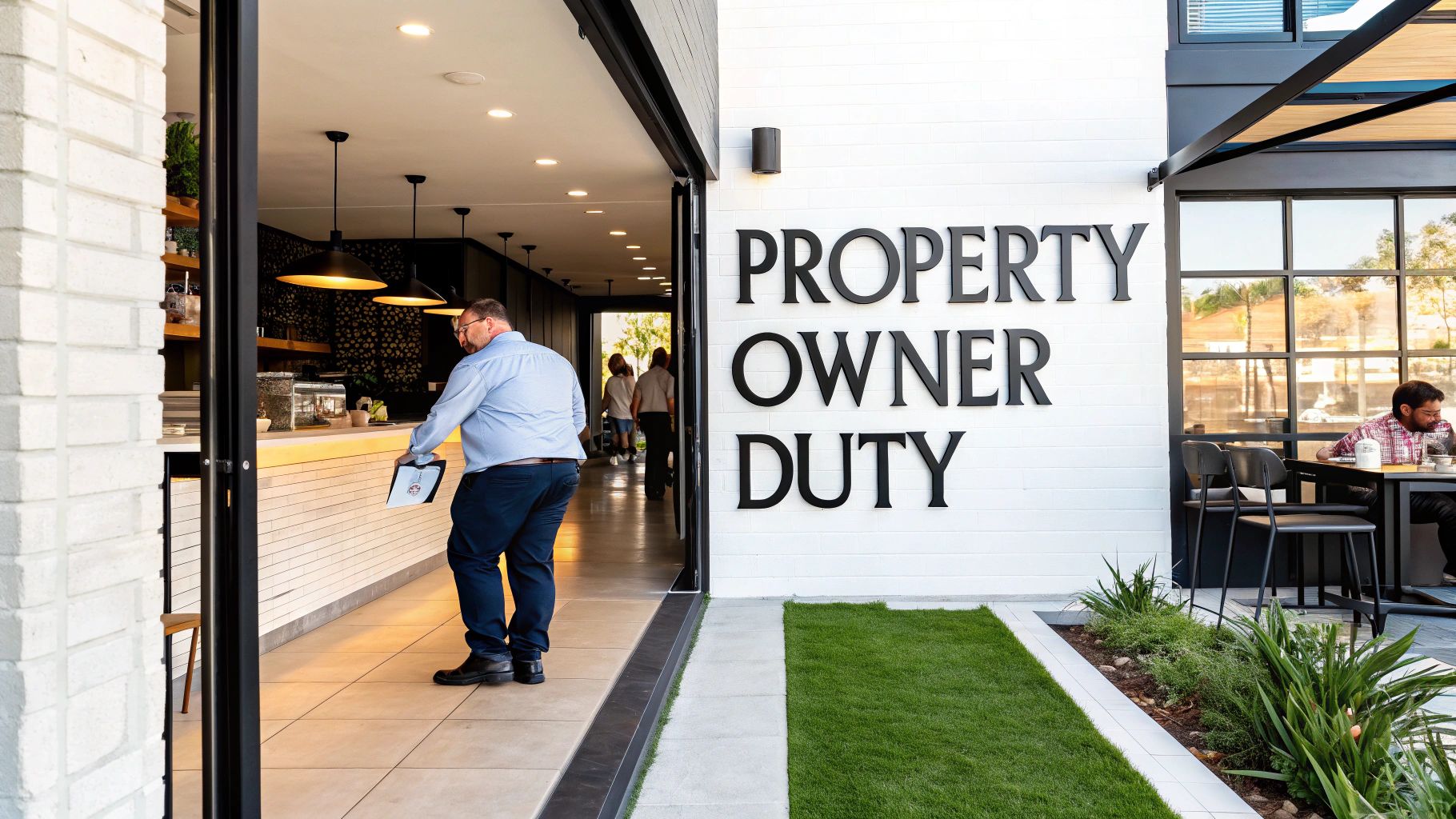 A man enters a building with 'PROPERTY OWNER DUTY' sign on a white brick wall.