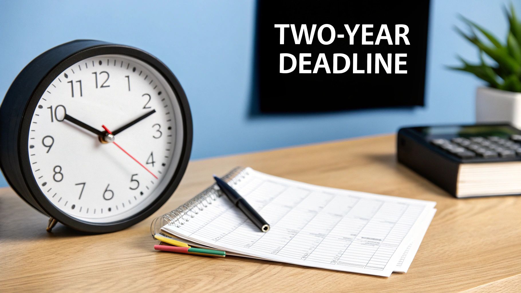 A desk setup with an analog clock, notebook, pen, and a sign displaying a two-year deadline.