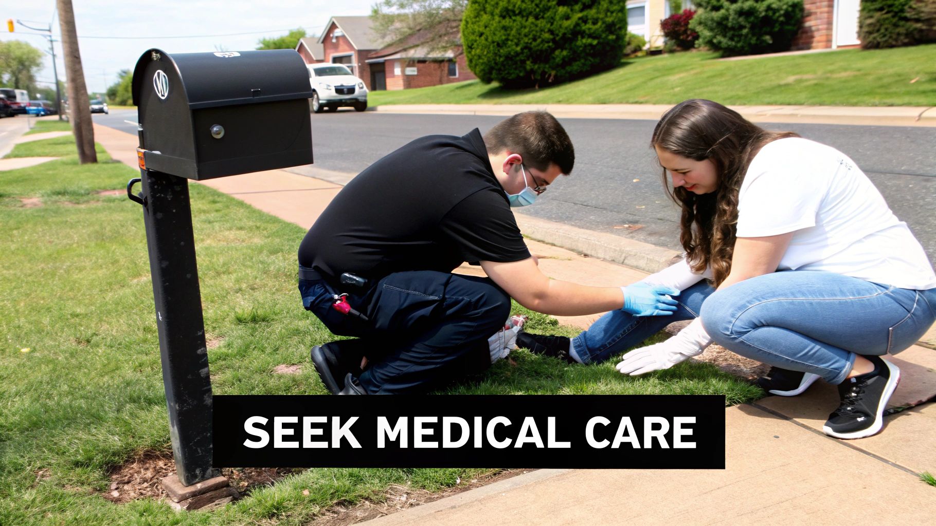 A man in a mask and blue gloves provides first aid to a woman's leg outdoors near a mailbox.